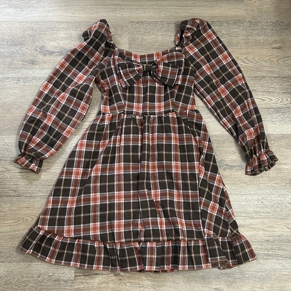 ROMWE Red/Brown Plaid Frilly Dress - Picture 1 of 6
